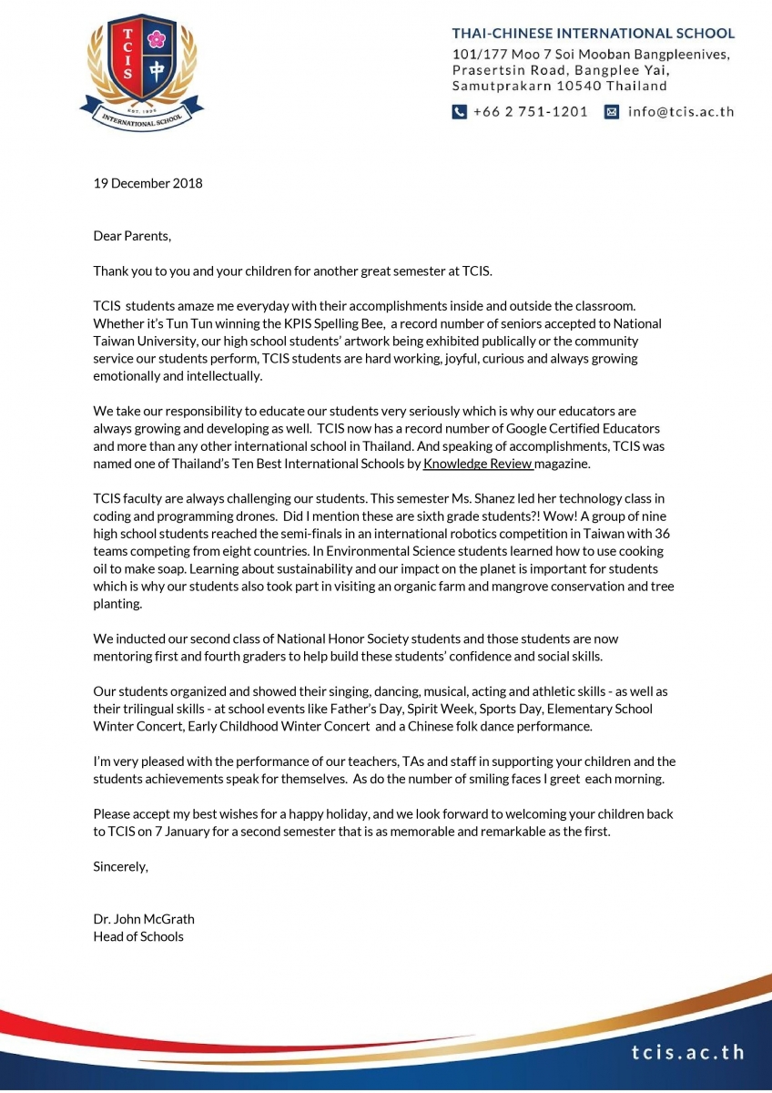 letter to parents from dr john head of schools thai letter to parent